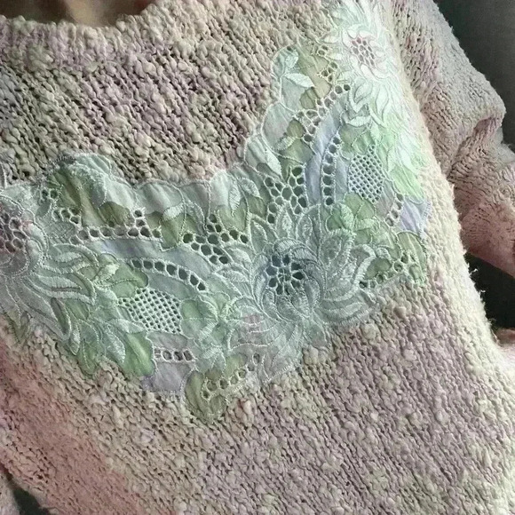 Vintage Paris Sports Club Prep Light Pink Knit Floral Embroidered Sweater Small - Picture 5 of 12